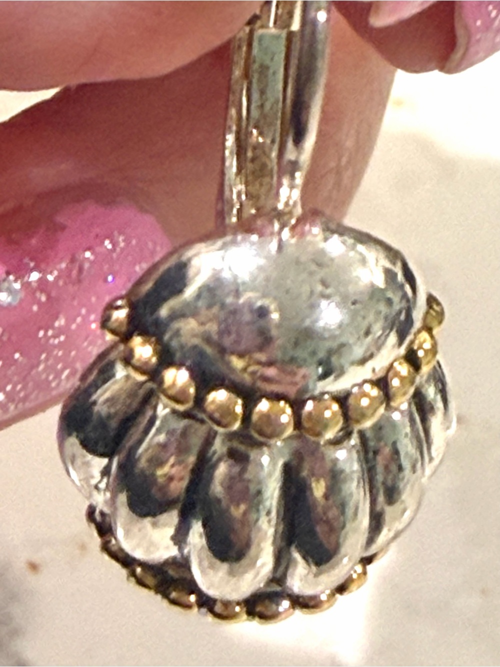 Vintage Two Tone Fluted PierMelon Drop Earrings - Silver & Gold Caviar Bead - Picture 4 of 6